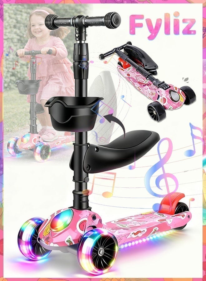 Fyliz Pink Graffiti Children's Scooter 3-in-1 Folding Flash Wheel 2-12 Year Old Boys and Girls Can Ride on Children's Wheel - Image 1